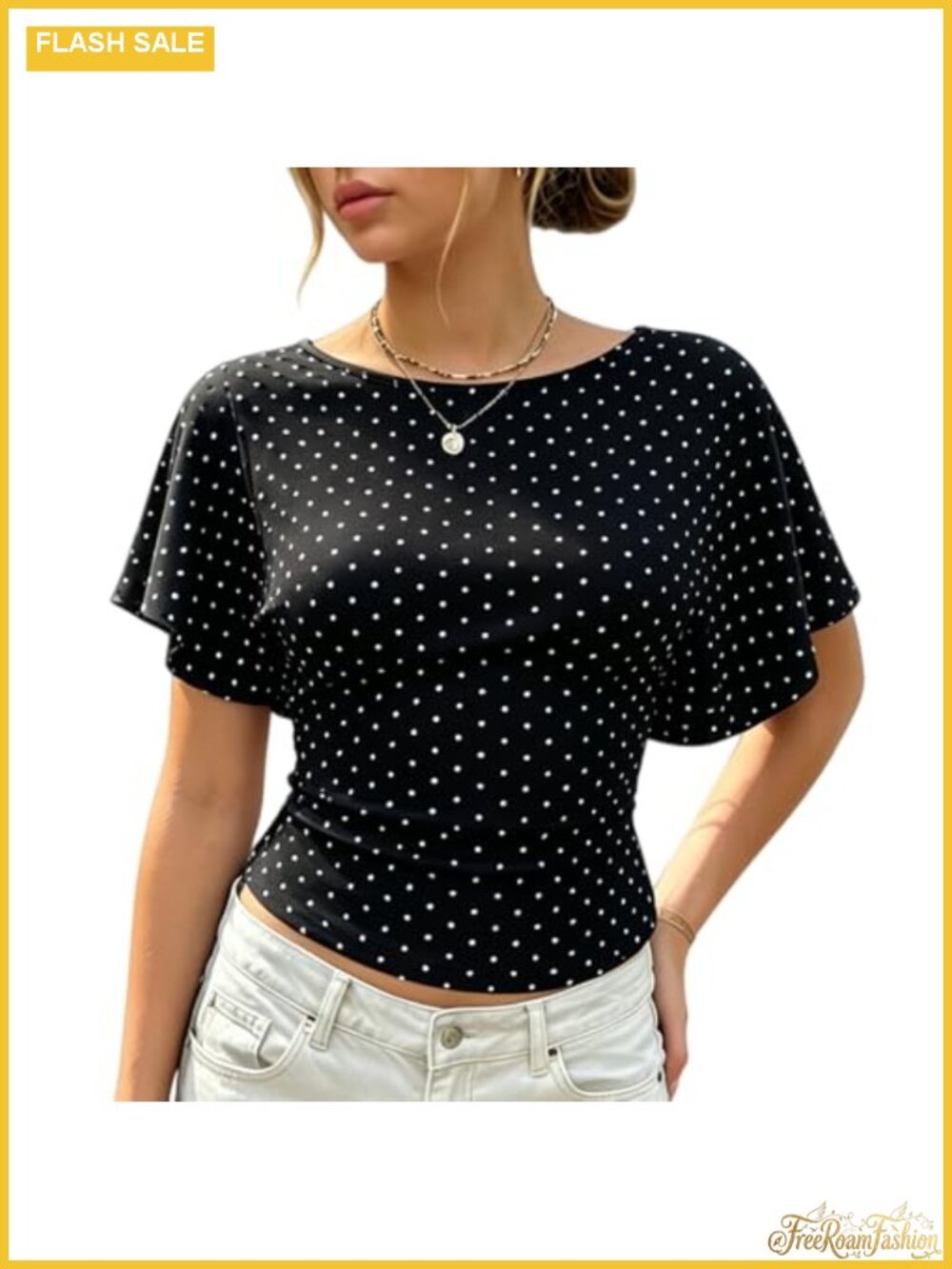 Polka Dot Wrap Top Batwing Sleeve Boat Neck Cinched Waist Crop Tee Y2K